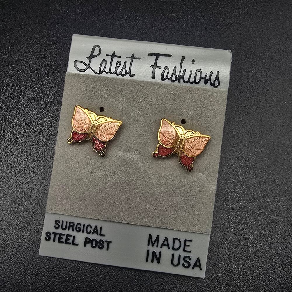 Cloisonne Enamel Butterfly Stud Earrings Vintage 1980s NOS On Card NWT
